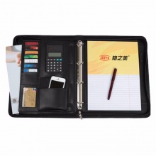 柏之美 705A 高档仿皮多功能经理夹 A4-40张 33.8*25.5cm 80g道林纸 黑色 带活页孔夹、计算器拉链包