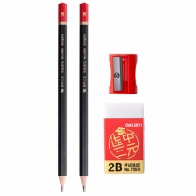 得力铅笔58129-2B连中三元考试铅笔套装（2支铅笔、1个削笔刀、1块橡皮擦）黑杆 24卡/盒