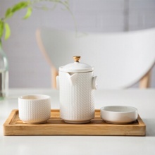 唯都 W-S37 水悦尚品茶具 白色+金色 材质：彩晶瓷+浮雕+描金+竹木